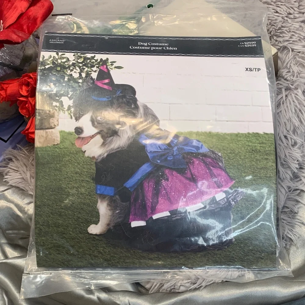 🌹Pets Costume - Small dog Purple & Black Witch Dress & hat